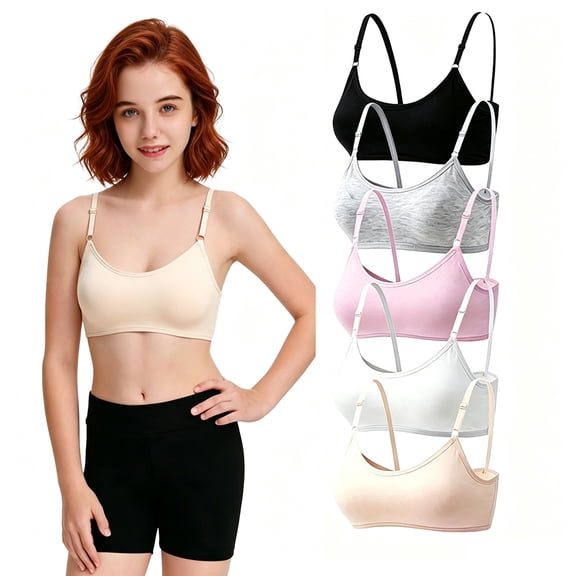 Girls Cotton Bras Wireless Light Padded Sports Bra 5 Pack Adjustable Strap Teen 10-16