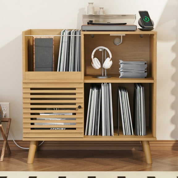 Record Player Stand with Power Outlet, Mid-Century Turntable Stand Holds Up to 200 Albums, Vinyl Record Storage Table with Slatted Doors for Living Room, Bedroom, Oak