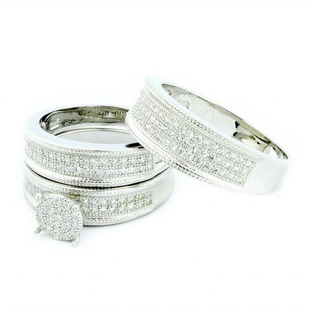 His and Her Rings Trio Wedding Set Sterling Silver With CZ 