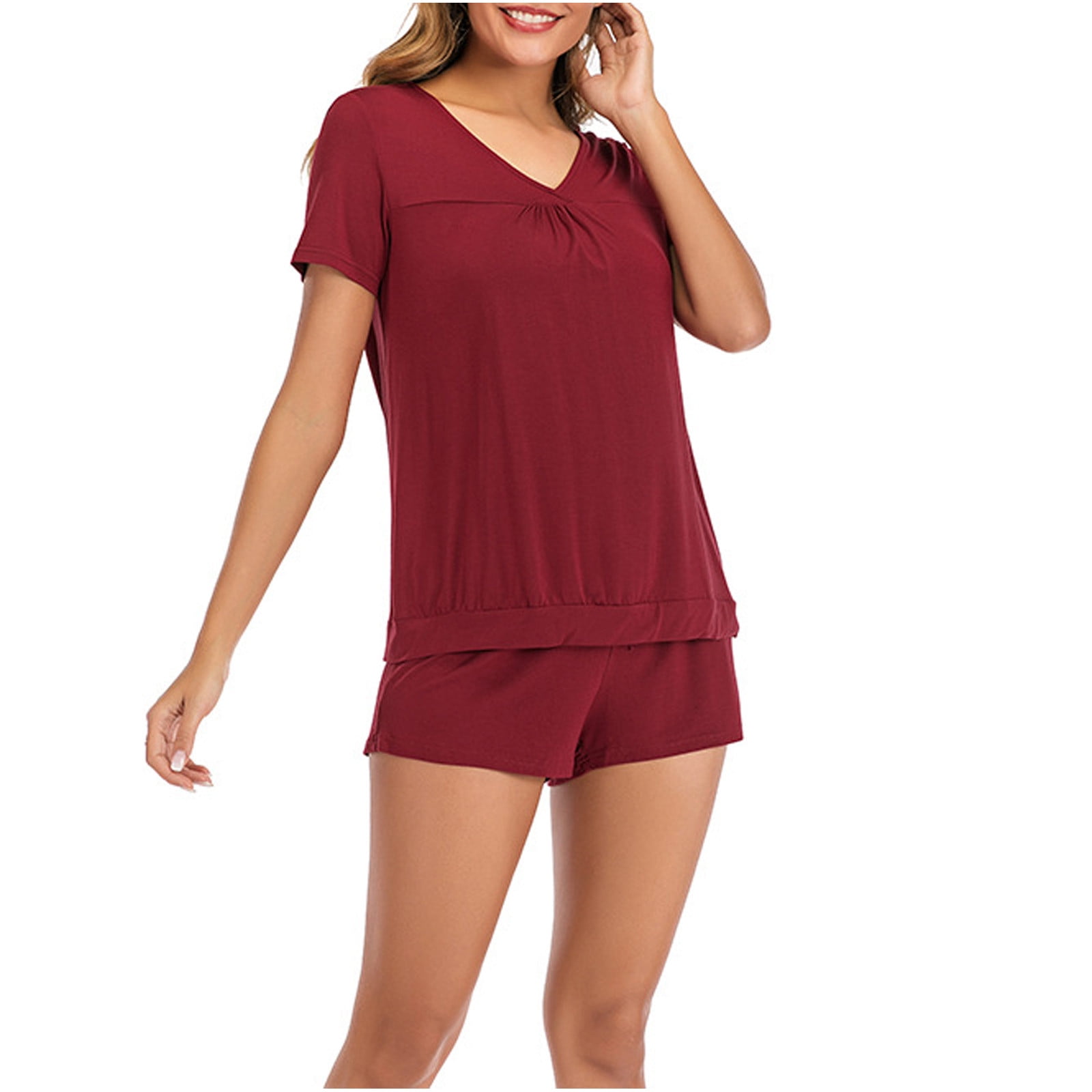 BONIXOOM Christmas Pajamas For Women Matching Family Christmas Pajamas Sleepwear None Short Sleeve Sleep Pants Solid Wine L