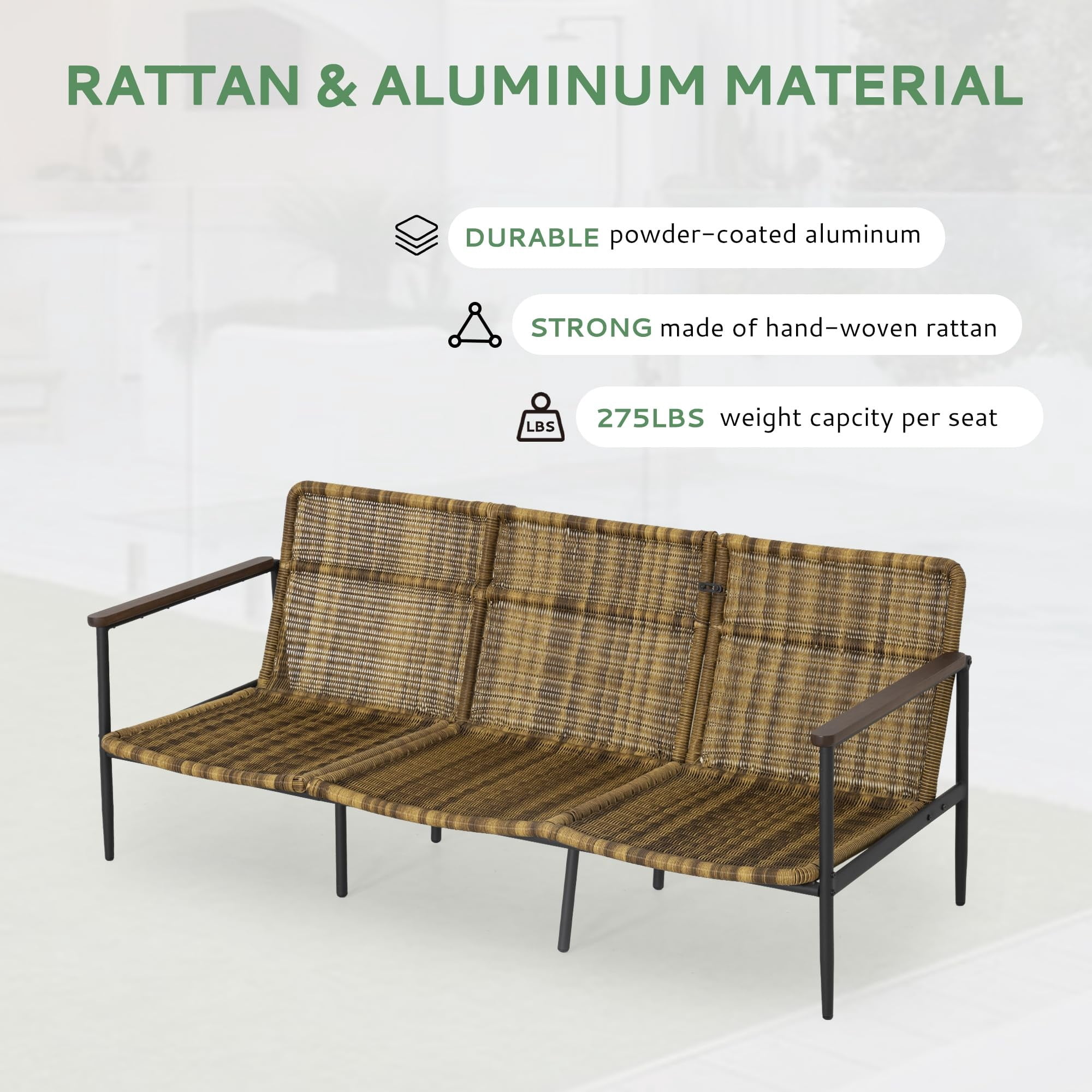 Aluminum Outdoor Patio Sofa, 3-Seat Couch with Wicker Backrest & Acacia Wood Armrests, 4.7" Olefin Cushions, Weather-Resistant for Backyard, Balcony, Porch