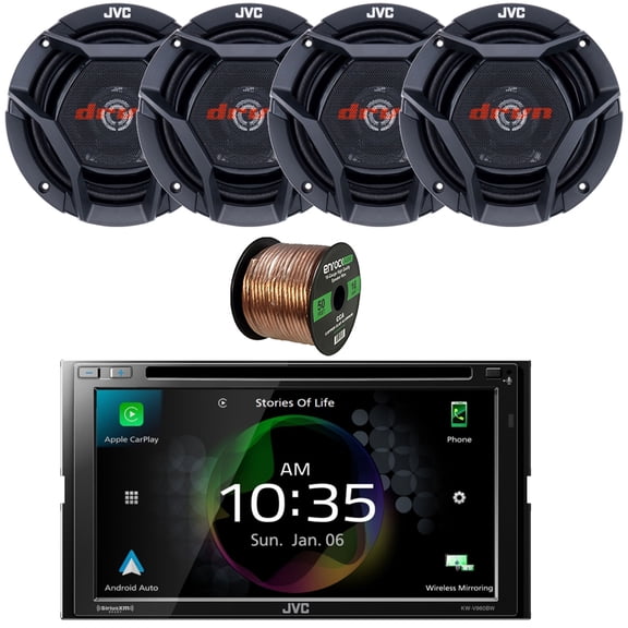 JVC KW-V960BW Double DIN AM/FM Radio Dual USB Bluetooth CD/DVD Player Car Receiver Bundle Combo with 4x 6.75" 300 Watts Max Power Shallow-Mount Coaxial Car Audio Speakers and 16G Speaker Wire