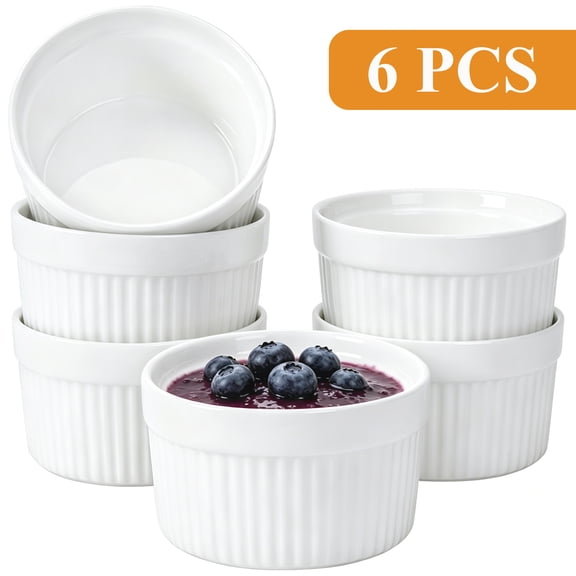 Wavraging Ramekins 8 Oz Oven Safe, Creme Brulee Ramekins Set of 6 for Broiler, Microwave, Pudding Custard Cups Ceramic Baking Bowls Souffle Dishes for Dessert, Ice Cream, Snack, White