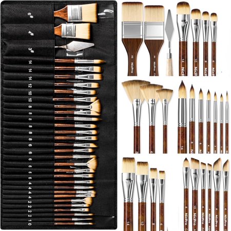 26pcs Paint Brush Set, Professional Paintbrushes with Paint Spatula and Cloth Roll, Craft Paint Brushes for Acrylic Painting, Oil, Watercolor, Gouache, Art Supplies for Artists and Beginners