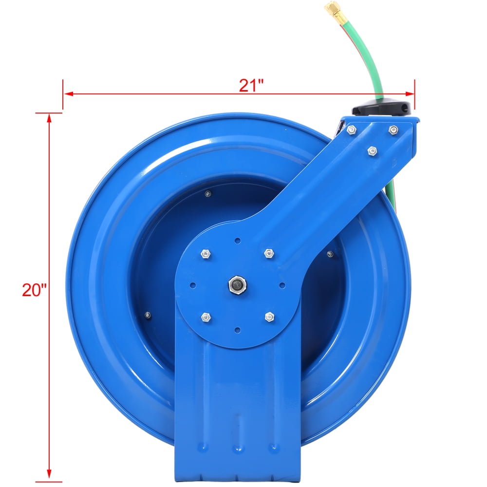 Blue Retractable Welding Hose Reel 1/4 Inch x 100 Ft Twin Oxygen Acetylene Rubber Hoses 200PSI Heavy‑Duty Industrial Single Arm Construction