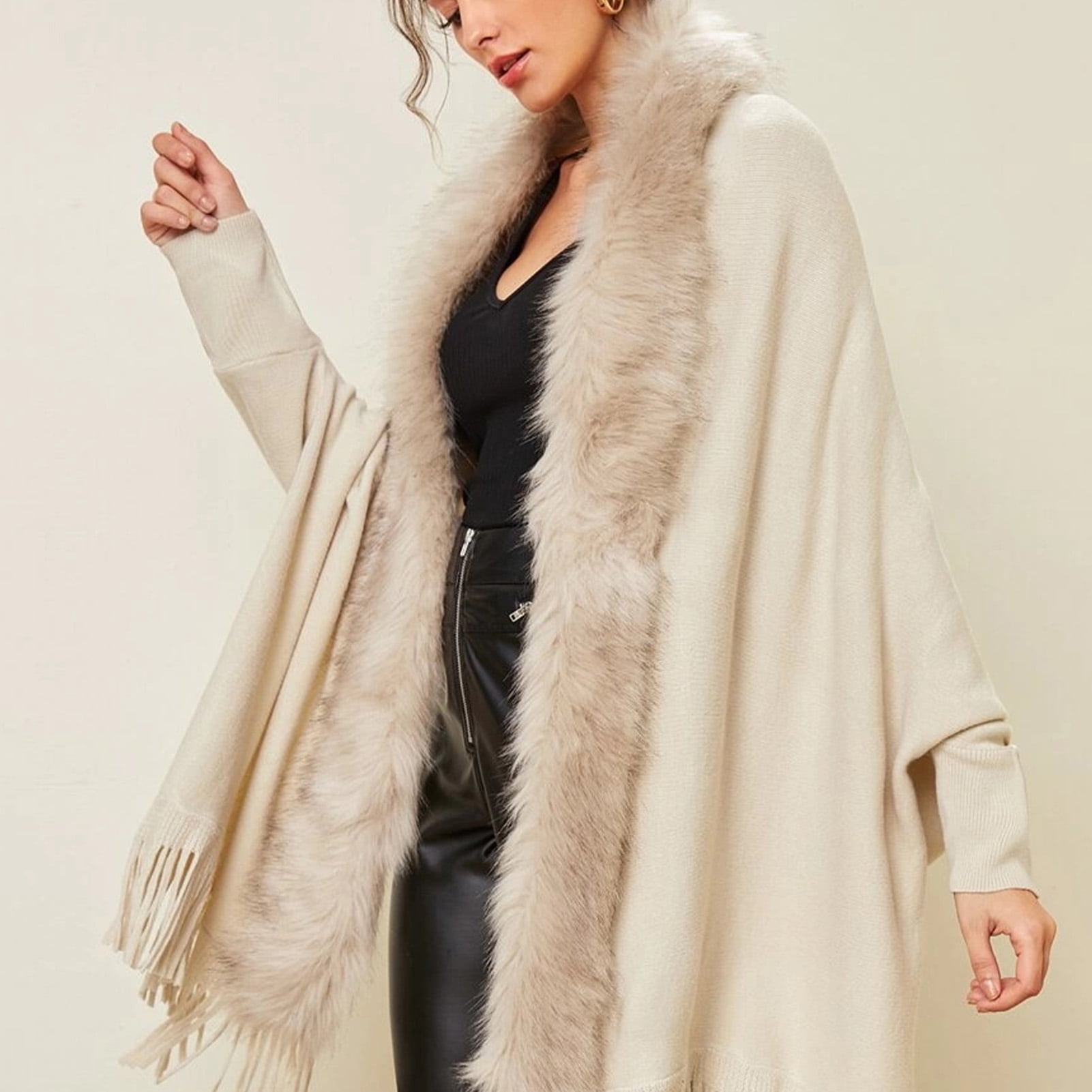 Women Cardigan Sweater Faux Fur Collar Decor Hem Tassel Long Sleeves Casual  Sweater Wraps Apricot M