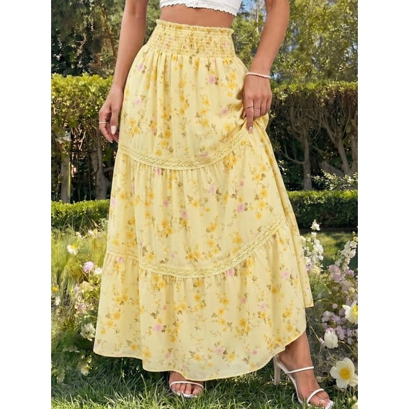 Yellow Ditsy Floral Tiered Maxi Skirt With Lace Trim And Elastic Waist For Women