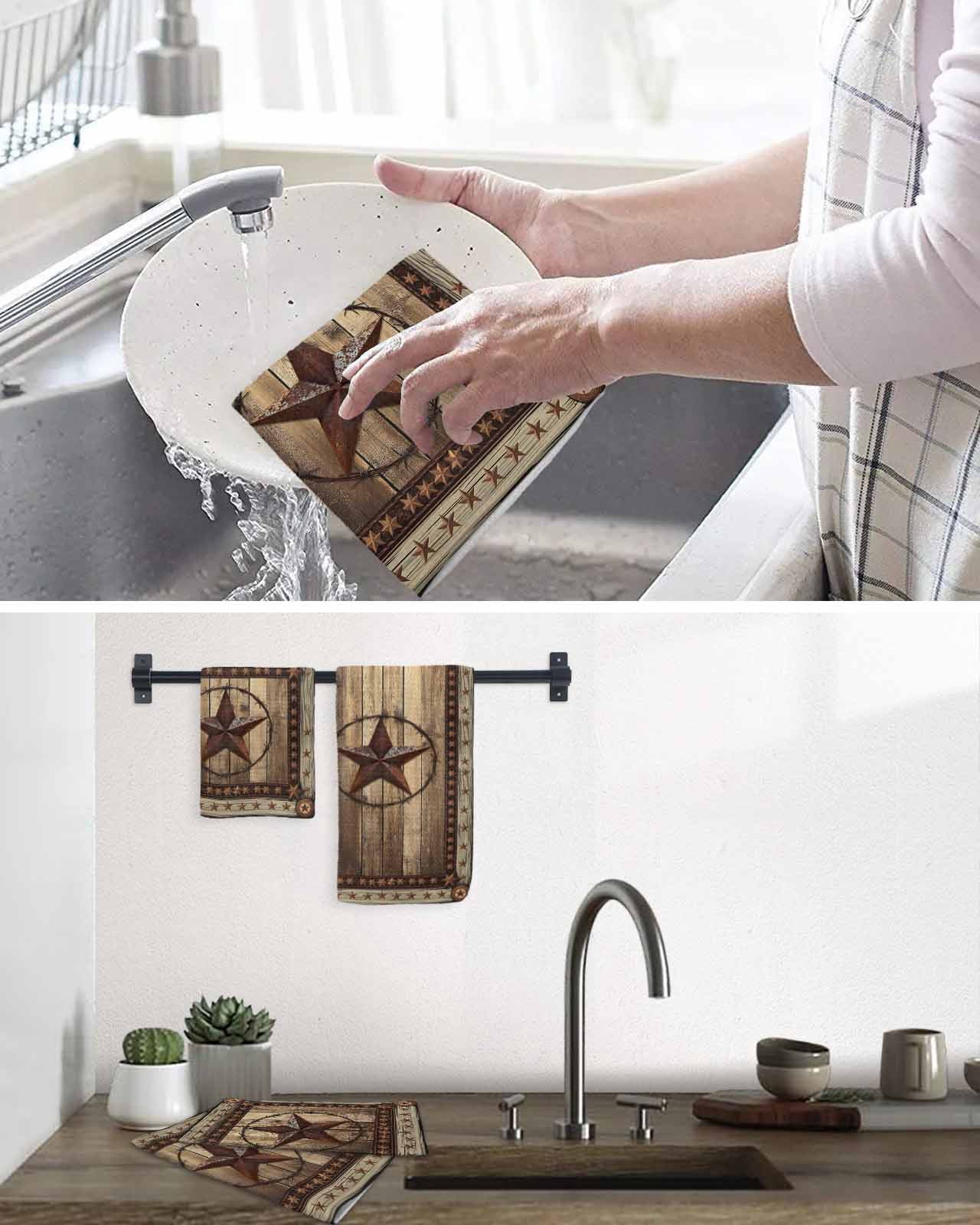 Western Farmhouse Kitchen Dish Towels for Drying Dishes Set of 2, Rustic Country Texas Star Retro Waffle Weave Microfiber Terry Hand Tea Bathroom Towels Quick Dry & Absorbent Towel 15.7x23.6