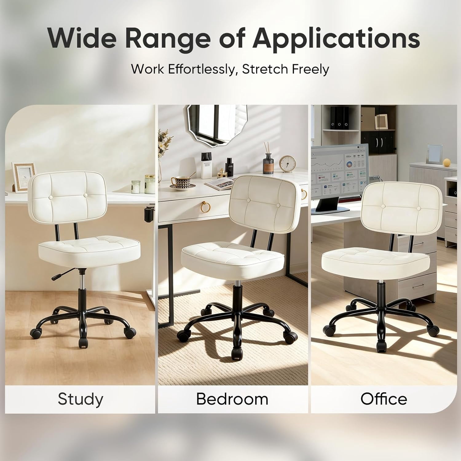 Armless Vanity Chair for Makeup Room, Small Desk Chair with Tufted PU Leather, Adjustable Height Rolling Computer Chair for Home Office & Dorm, Beige