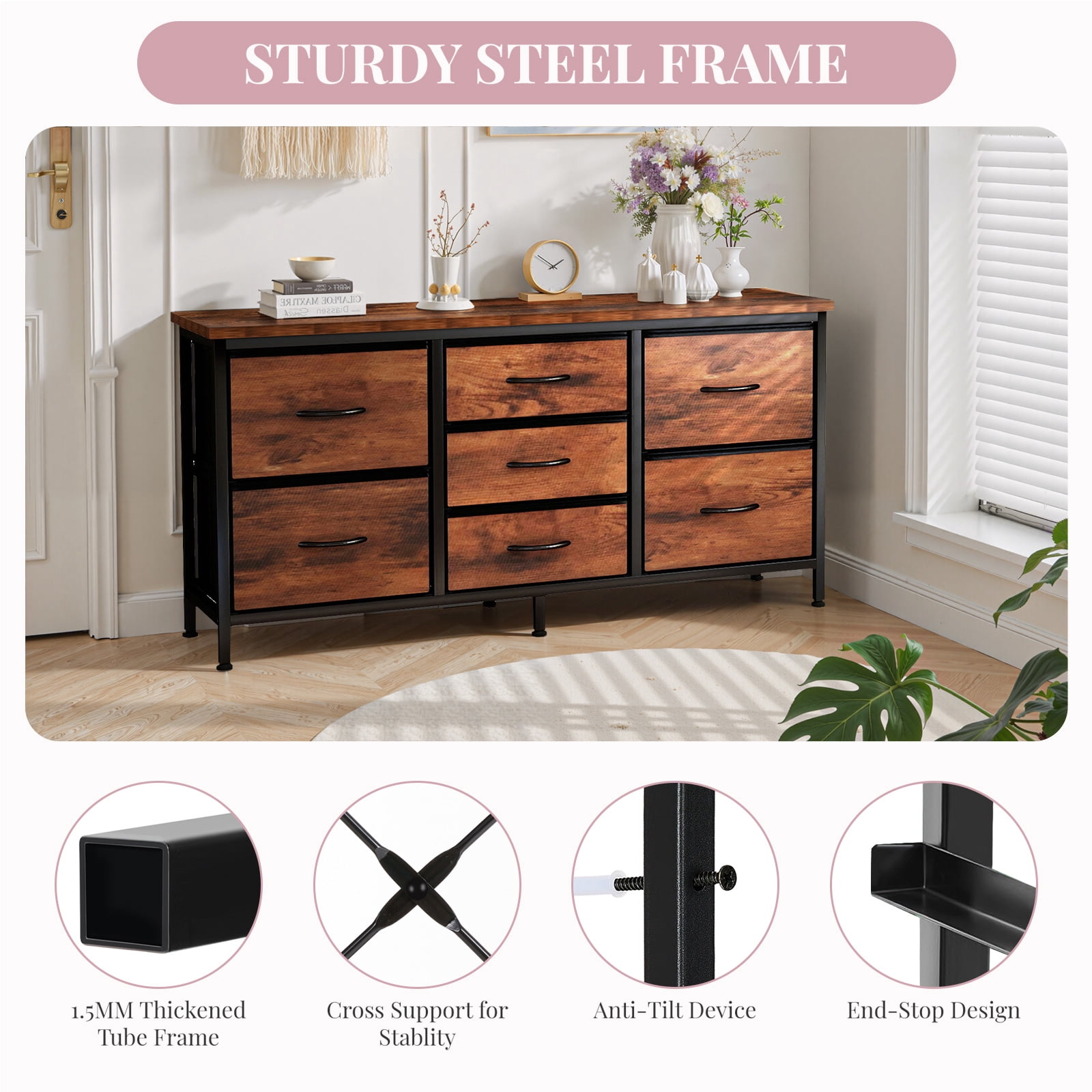 Dresser, Betcozy Storage Organizer with 7 Drawers for Bedroom, Chest of Drawers with Fabric Bins, Sturdy Metal Frame, Wood Tabletop for Guest Room, Closet, Entryway, Nursery, Rust