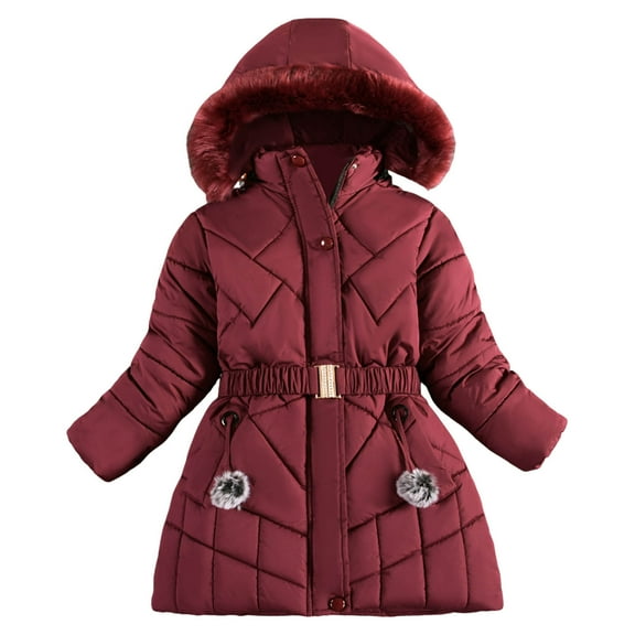 SGMVNU Girls Winter Coat Heavyweight Kids Snow Puffer Jacket Hooded Warm Parka Coats with Elastic Waist Belt and Pockets(Size 5-6 Years,Red)