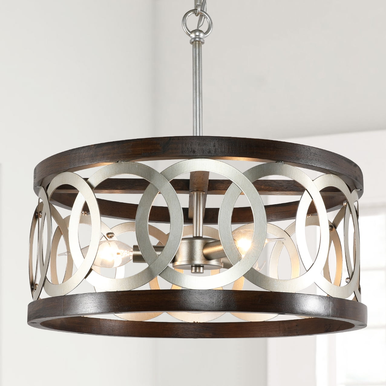 TOMIYA Silver Dining Room Light Fixture Wood Farmhouse Kitchen Chandelier Drum Pendant Light for ...