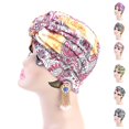 thumbnail image 4 of Muslim Turban Knotted Headwrap Women African Pattern Polyester Cotton Chemo Hair Loss Elastic Head Scarf, 4 of 9