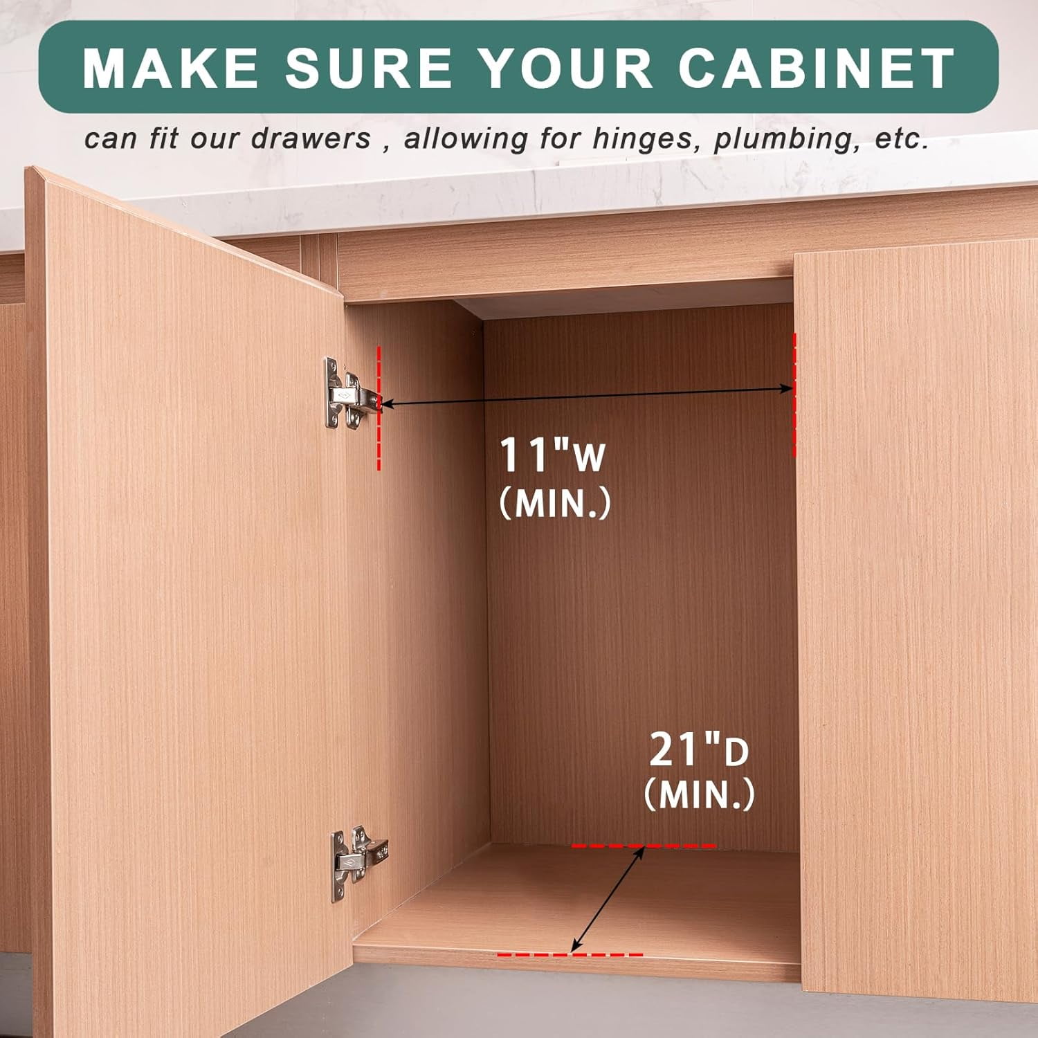 Pull Out Drawers for Kitchen Cabinets, Pull Out Cabinet Organizer, Fully Assembled Wood Cabinet Pull Out Drawer, Fast and Easy DIY Installation, 11”W x 21”D
