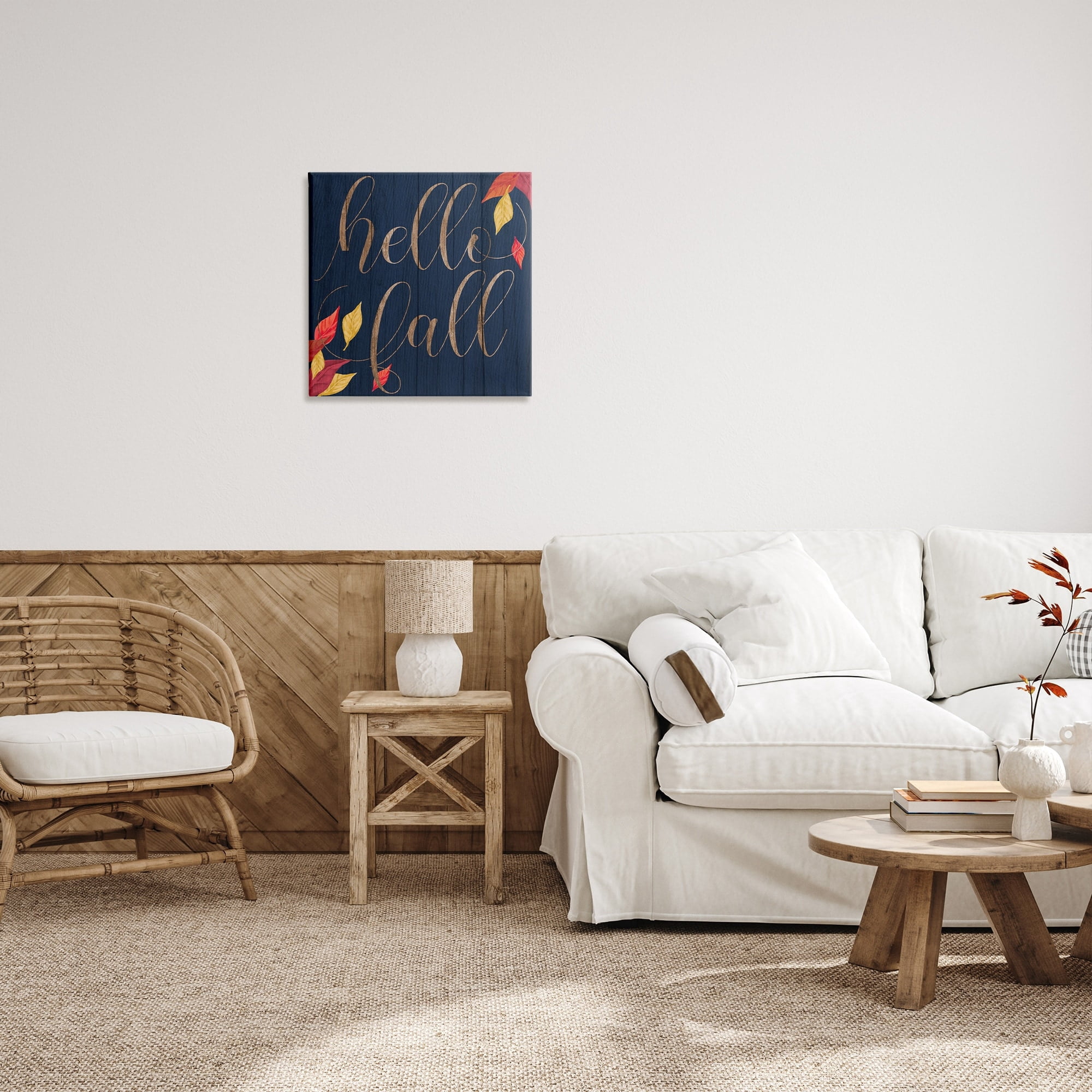 Stupell Industries Hello Fall Script Autumn Foliage Border Typography Painting Gallery Wrapped Canvas Art Print Wall Art, 24 x 24