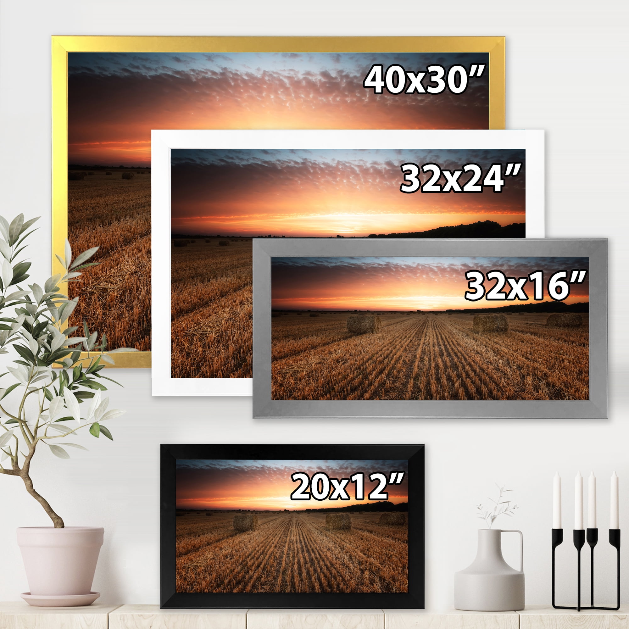 Designart 'A Field Full of Hay Bales At Sunset Landscape' Farmhouse Framed Art Print