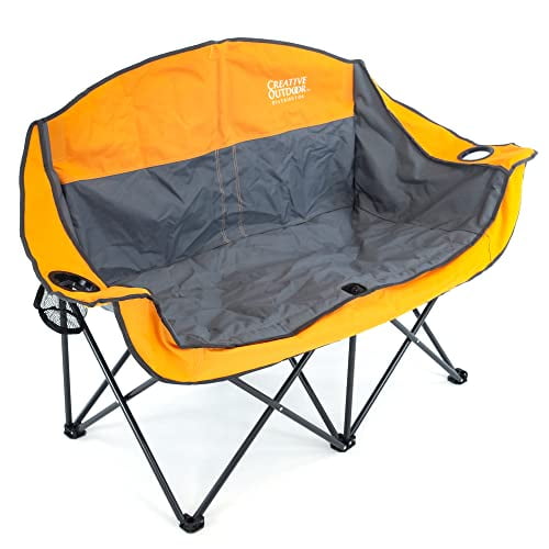 Creative Outdoor Distributor Luxury Camp Chair, Steel Frame & Polyester Fabrics, Folds Compact, Storage Bag Included (Cup Holder + 2 Person, Orange)