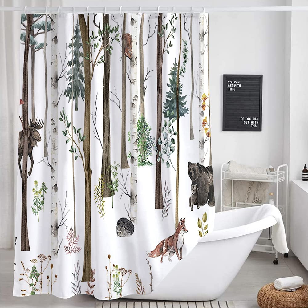 Rustic Forest Shower Curtain for Bathroom, Rustic Lodge Forest Cabin Shower Curtain Country Hunting Bathroom Curtain, Wild Animal Bear Moose Deer Fox in Forest Shower Curtain 70X84IN with 12PCS Hooks