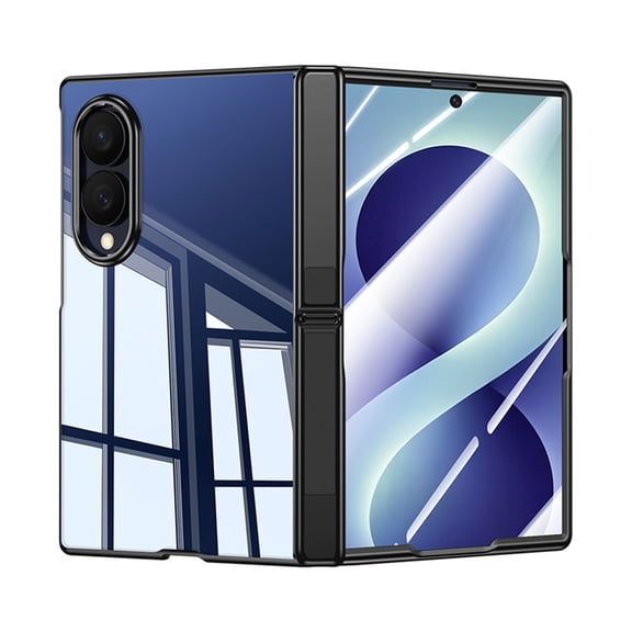 Protective Case for Samsung Galaxy Z Fold 8, Plated Clear PC Cover with Outer Tempered Glass Screen Protector Foldable Kickstand Ultra Slim Lightweight Anti-Scratch Phone Case, Black