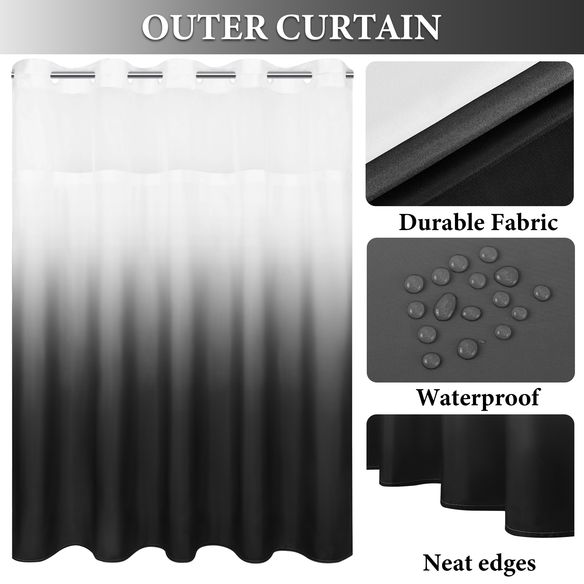 Ikfashoni No Hook Shower Curtain with Snap in Liner, Black Ombre Hookless Waterproof Bath Curtain, 71"X74"
