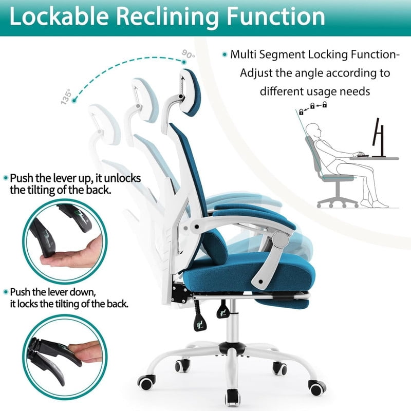 Kelno Ergonomic Office Chair High Back Reclining Swivel Desk Chair Retractable Footrest, Blue