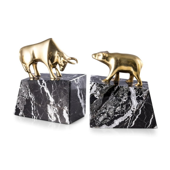 "Stock Market" Brass Bull & Bear Bookends on Black "Zebra" Mable Base.
