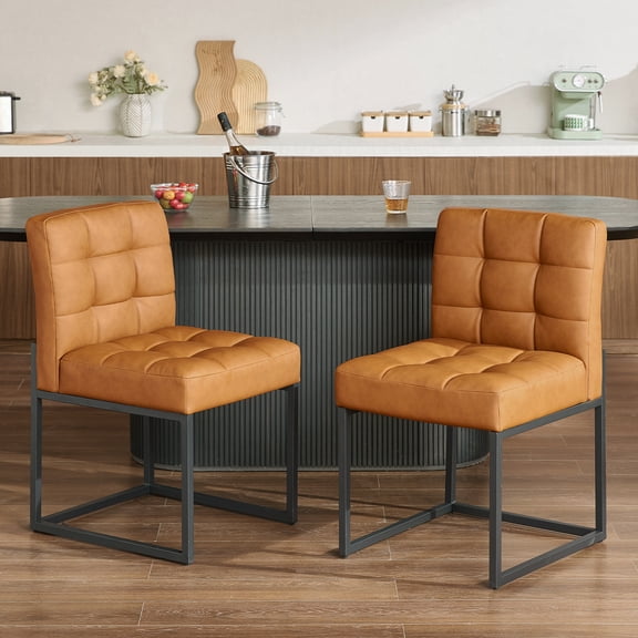 GrandNoor Brown Faux Leather Dining Chairs Set of 2, Mid-Century Modern Dining Room Chairs with Armless, Checkered Kitchen Chair with Metal Legs
