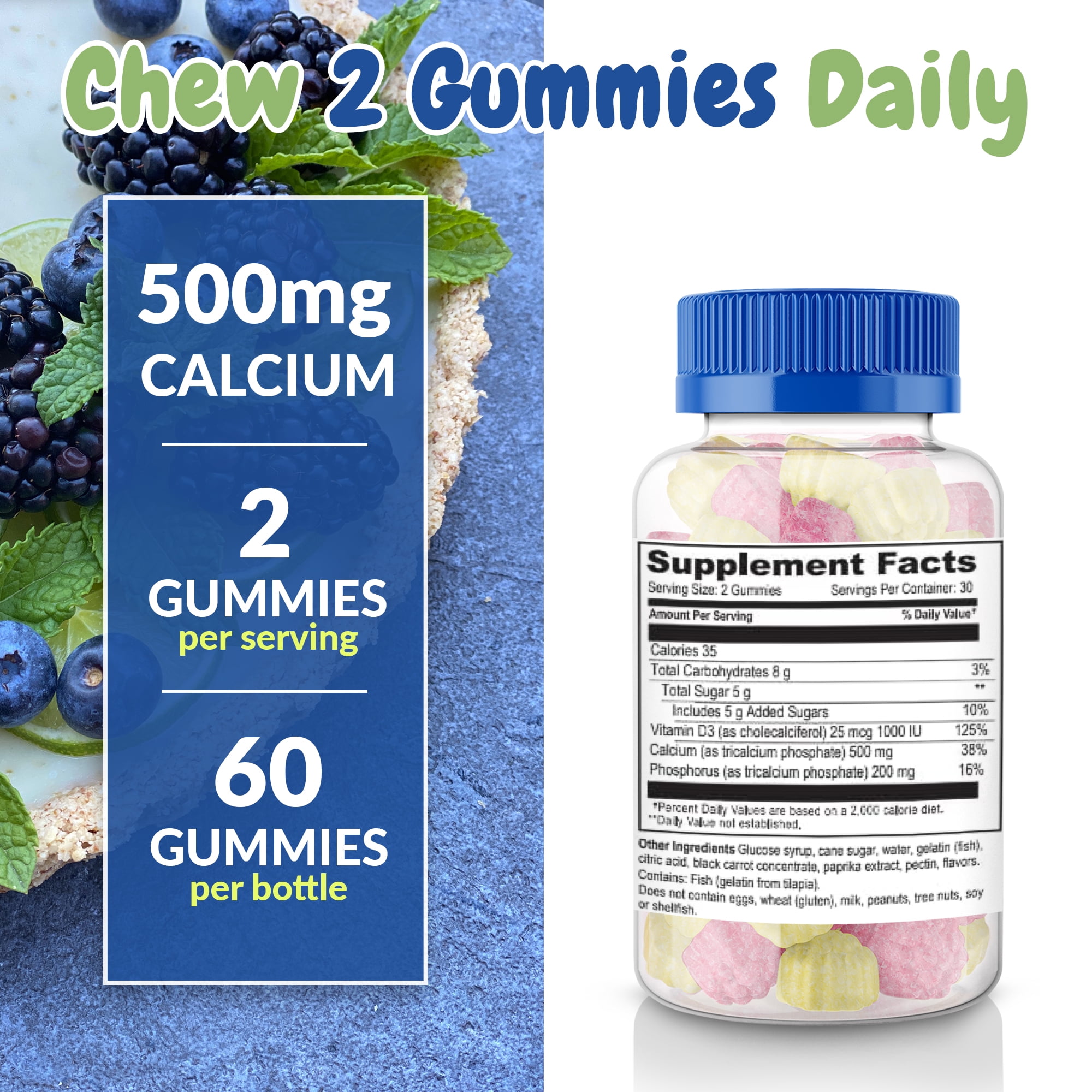 Health Supplied Calcium 500mg with Vitamin D3 1000 IU Gummies, Orange and Raspberry, 120 Count