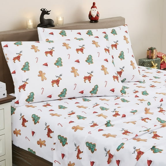 Printed Holiday 4pc Sheet Sets, Easy Care, Soft & Wrinkle-Resistant Bedding, Holiday Cookies - Queen Bed Size