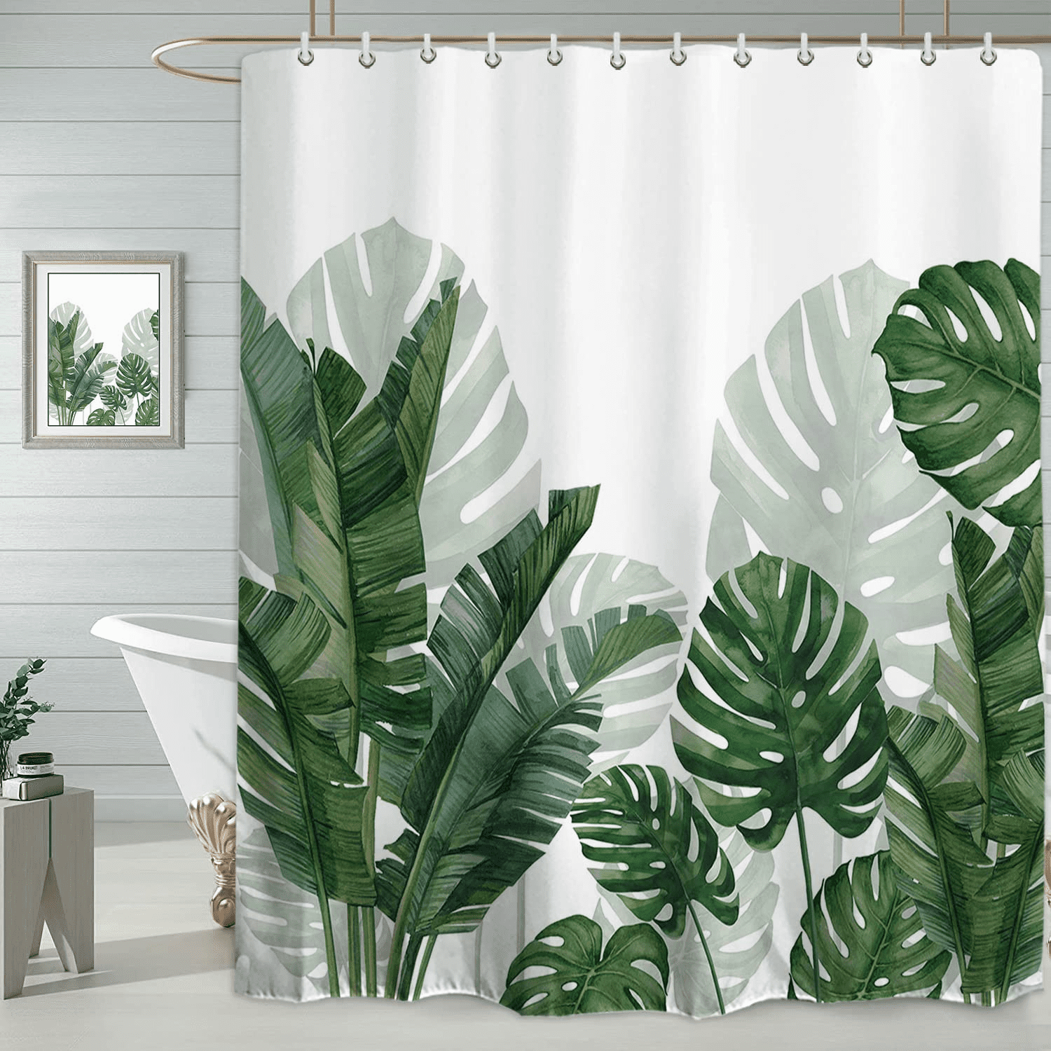 ORTIGIA Extra Long Tropical Green Leaf Shower Curtain Waterproof