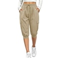 thumbnail image 5 of Lenpel Womens Capri Pants Casual Drawstring Elastic Waist Cargo Pants with Pockets Solid Color Workout Cropped Joggers(Khaki,XX-Large), 5 of 7