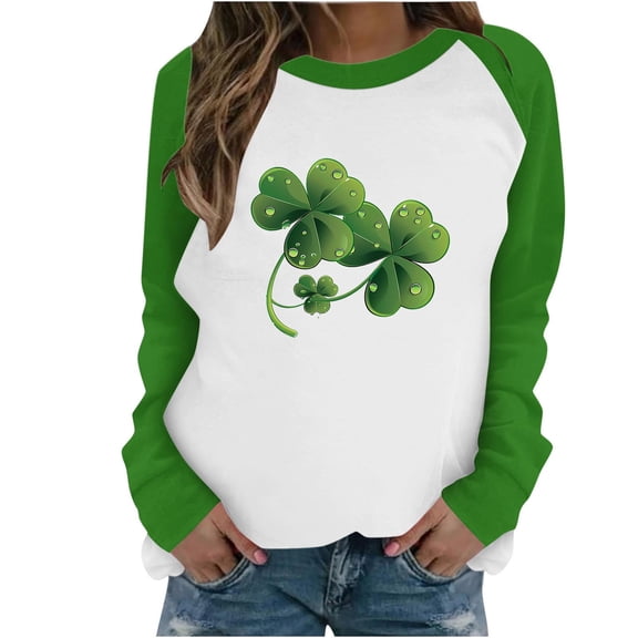 St Patricks Day Sweatshirt Women Green Long Sleeve Shirts Shamrock Crewneck Sweatshirt Color Block Raglan Tops Cute St Patricks Day Shirt Women