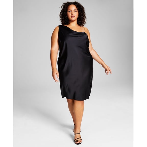 Trendy Plus Size Satin Chain-Strap Slip Dress Black 1X