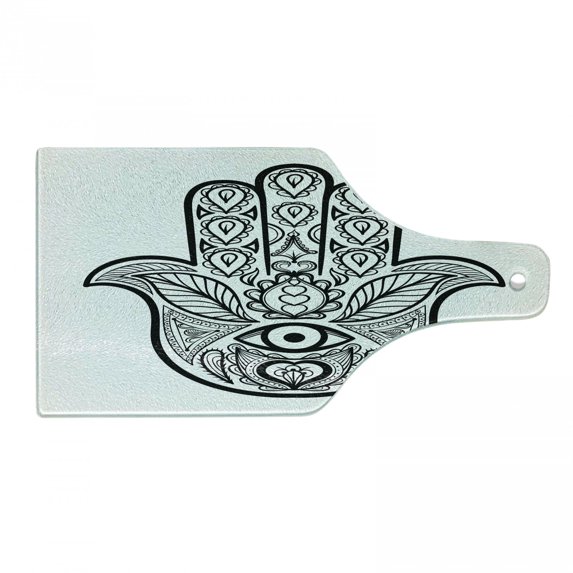 Hamsa Cutting Board, Nature Inspired Tribal Pattern Monochrome Sketch Boho Art with Leaves Third Eye, Decorative Tempered Glass Cutting and Serving Board, Wine Bottle Shape, Black White, by Ambesonne