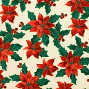 Merry Christmas Metallic Fabric, Poinsettias, Cream