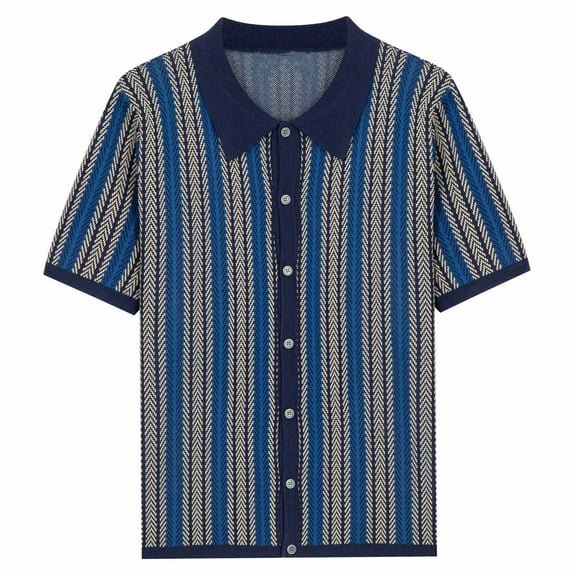 VSSSJ Men's Polo Shirts Retro Knit Short Sleeve Button Down Golf Shirt Vintage Striped Casual Slim Fit Summer Business Shirt Navy XXL