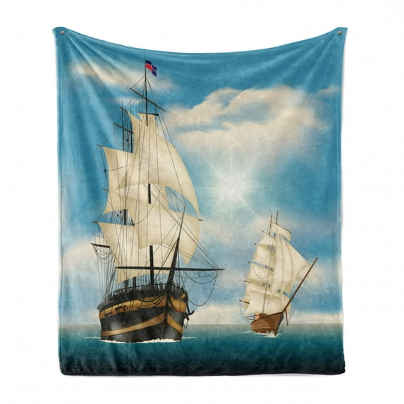 Vintage Boat Soft Flannel Fleece Throw Blanket, Ships Sailing in the Ocean in a Clear Sunny Day Antique Nautical Seascape, Cozy Plush for Indoor and Outdoor Use, 70" x 90", Multicolor, by Ambesonne