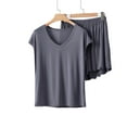 thumbnail image 2 of Qtocio Ensemble de Pyjama Court pour Femmes, Haut à Manches Courtes en Tricot Doux Uni Ample à Col Ras du Cou et Short, Tenue de Nuit Confortable pour Dames, 2 of 5