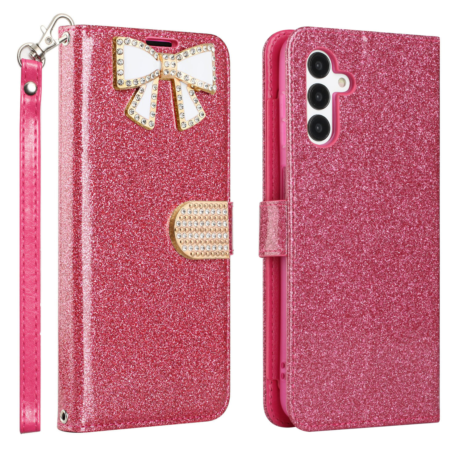 Pink, variant on For Samsung Galaxy A13 5G / SM-A136 Diamond Bow Glitter Full Body Cover Protective Shockproof Card Slot Flap Folio Stand Leather Wallet Pouch Case Cover Purple