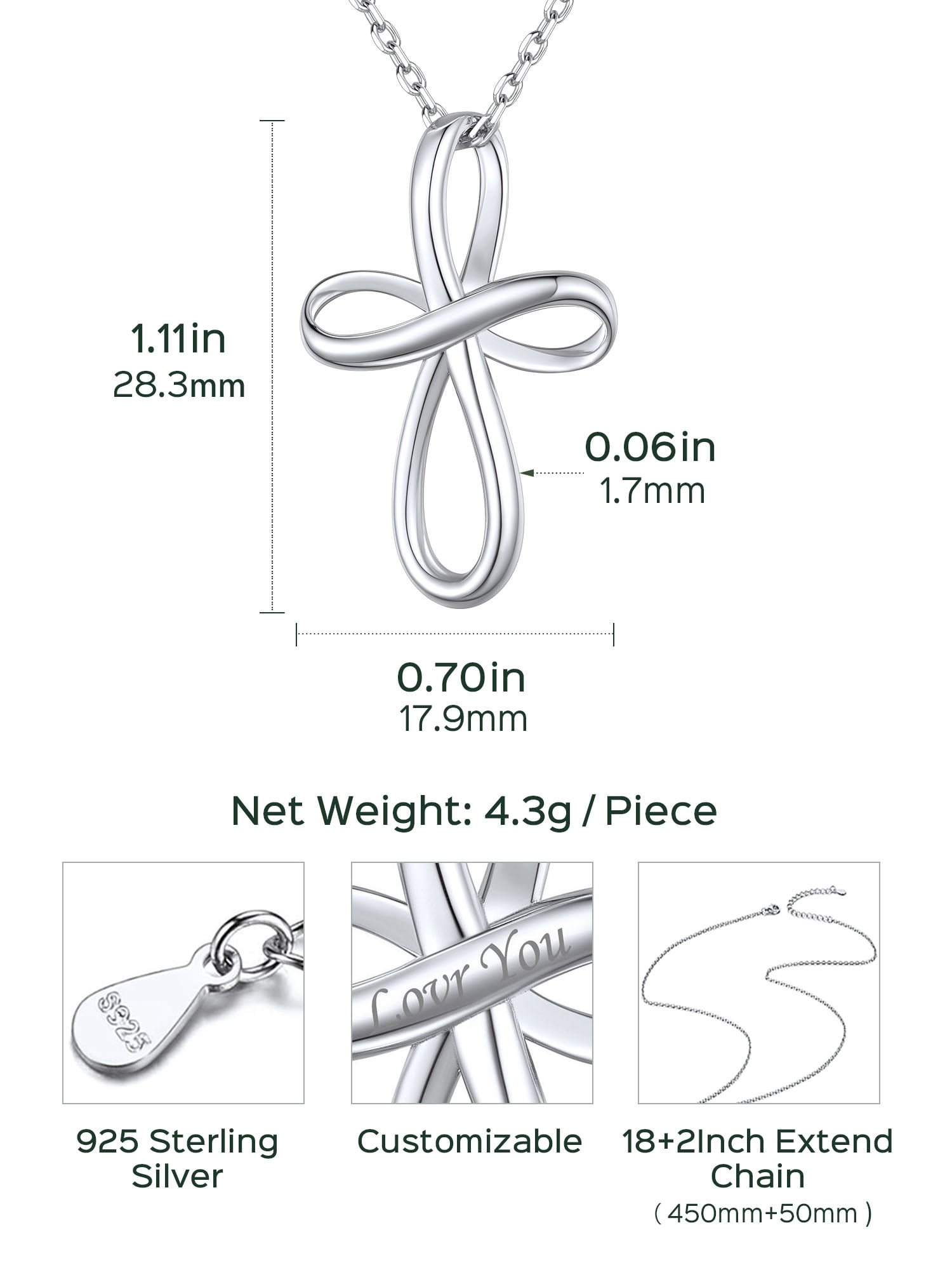 ChicSilver Infinity Cross Necklace Sterling Silver Twisted Cross Pendants Religious Jewelry Gifts for Women 18+2 Inch