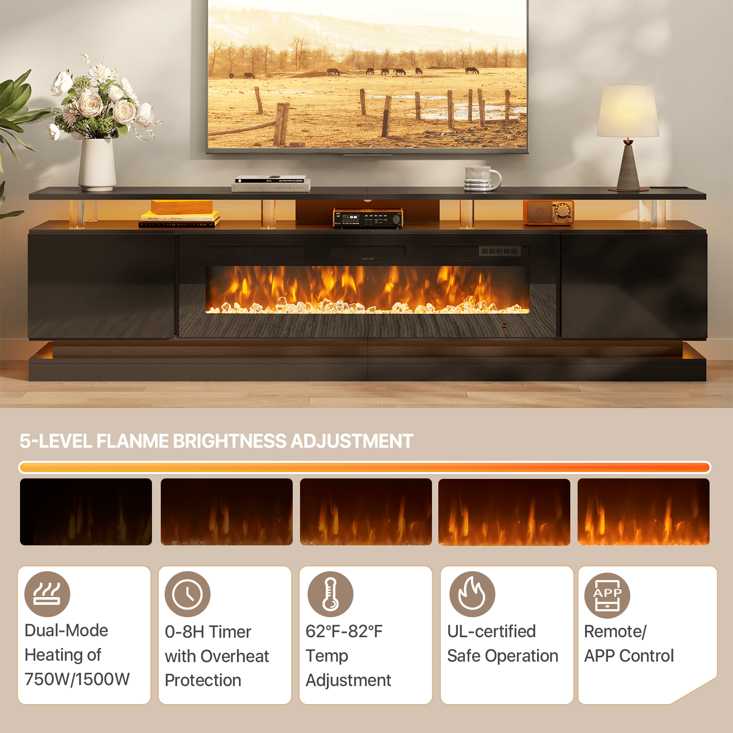BaPiPro 90" Fireplace TV Stand for TVs up to 100", Modern Entertainment Center TV Console with Storage for Living Room, Black TV Stand and Black Fireplace
