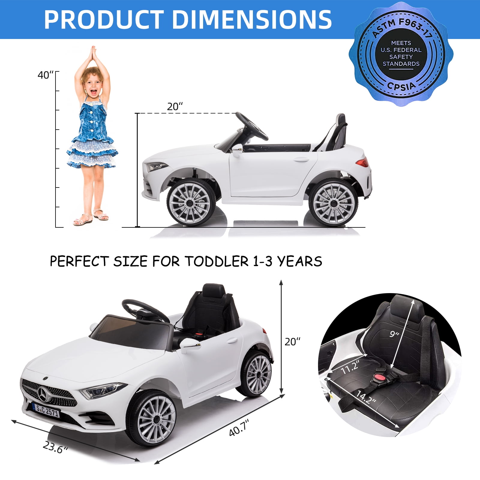 Bopilon Kids Electric Ride on Car with Remote Control, 12V Licensed Mercedes Benz Kids Car Battery Powered Electric Vehicles Toy Car, Adjustable Speed, Safety Belt, Music&LED Lights(White)