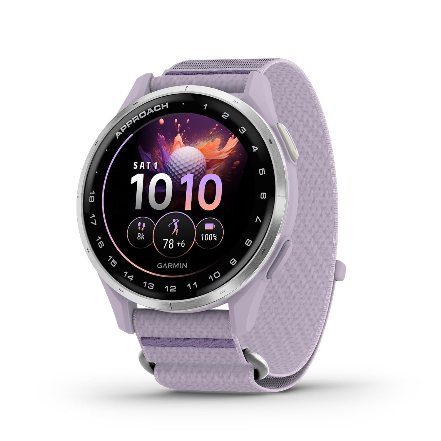 Garmin Approach J1 Silver Aluminum Bezel with Lilac ComfortFit Fabric Band 010-03898-10 with Deco Essentials Charging Dock Silicone Dust Cover 3 Pack and USB C Charging Sync Cable Bundle