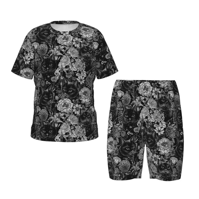Fotbe Black Cats In A Garden Pijama Estampada de 2 Piezas para Niños – Ropa de Dormir de Manga Corta Cómoda para Niños y Niñas, Camiseta y Shorts de Algodón-XX-Large