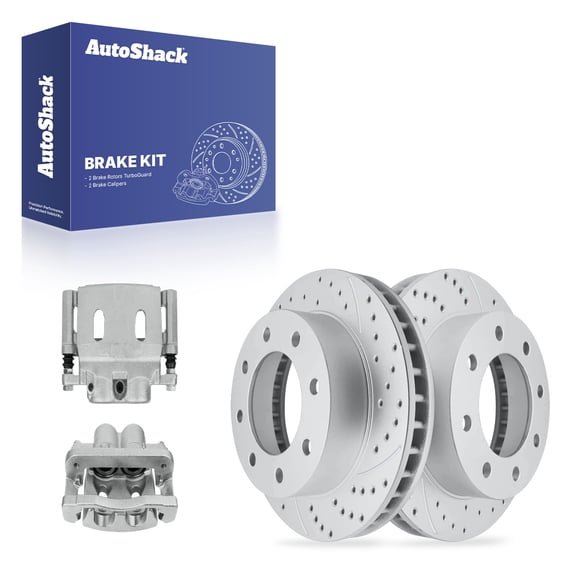 AutoShack Front Vented Drilled & Slotted Coated Brake Rotors Silver Matte Finish   Calipers 4-PC Brake Kit Replacement for 2005-2007 Chevrolet Silverado 1500 TurboGuard 12.78" (324.7 mm)