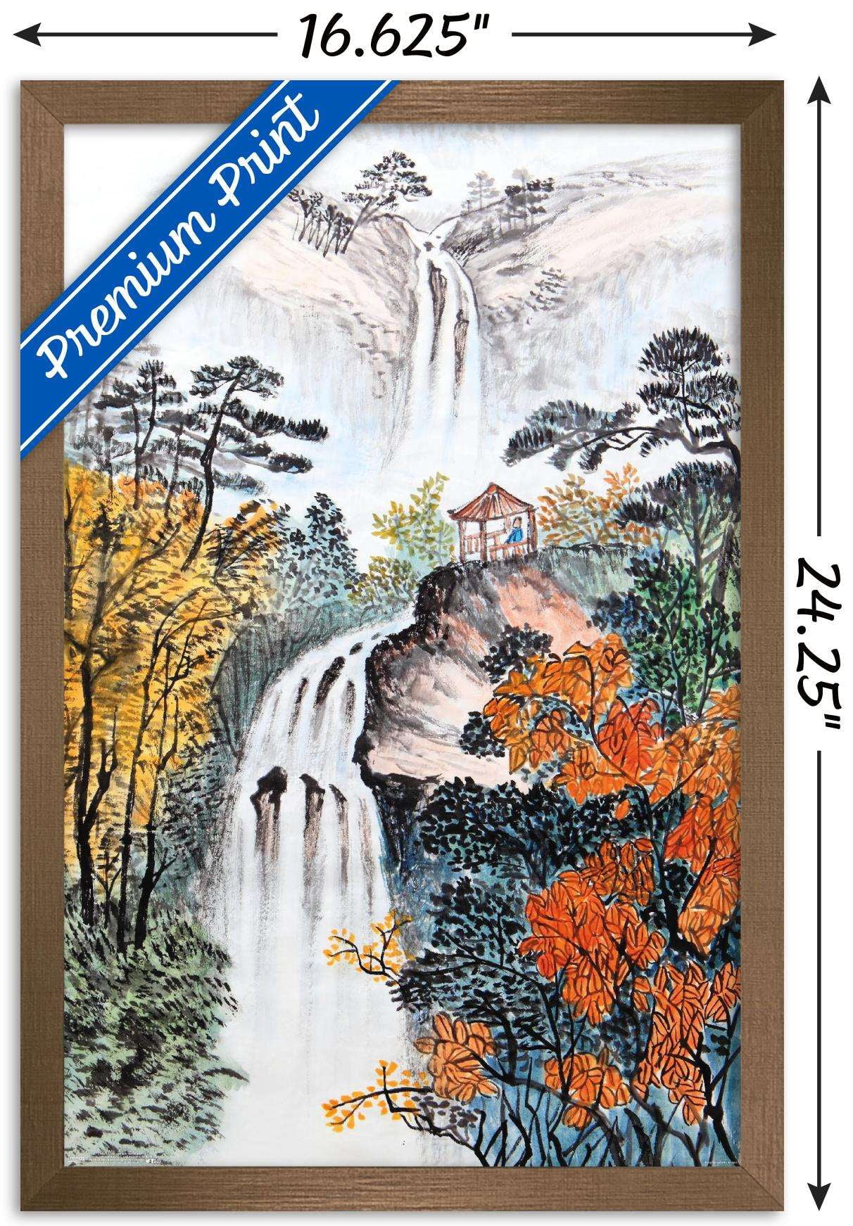 China Landscape with Waterfalls Wall Poster, 14.725" x 22.375", Framed