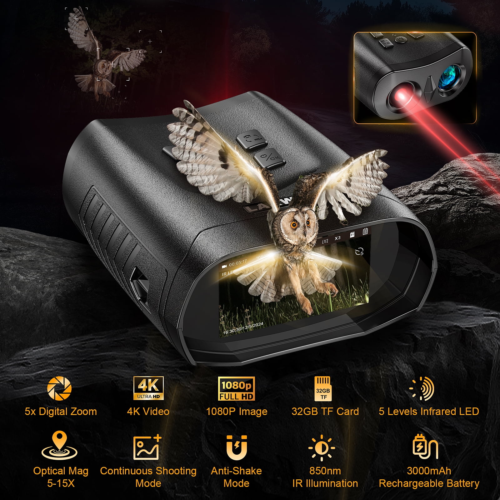 4K Night Vision Binoculars-Night Vision Goggles for Adults, 3'' IPS Large Screen Hunting Binoculars for Day and Night with 32GB Memory
