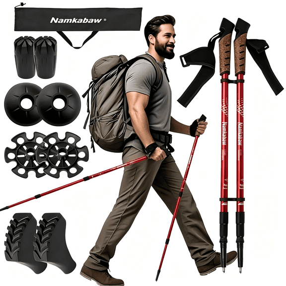 WFYL 2-pack Collapsible Trekking Poles, Portable Hiking Poles for Nordic Walking, Trail, Lightweight 6061 Aluminum, 3-Section Twist Lock, Walking Sticks for Women, Men & Seniors, Red