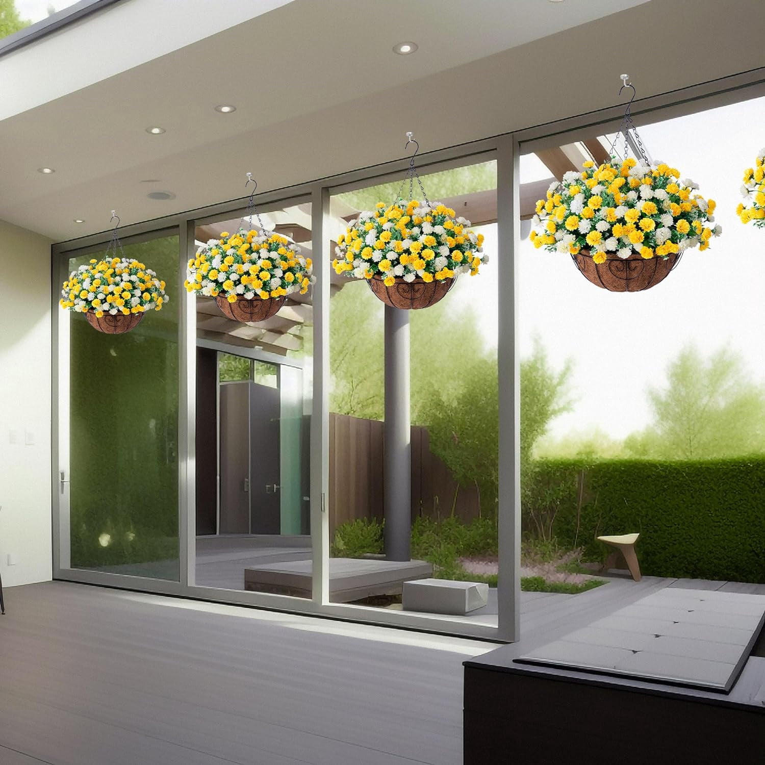 Artificial Hanging Flowers in Basket, Fake Silk Hanging Planter, Faux Colorful Daisy Vines Arrangement with Coconut Lining Baskets Outdoors Indoors Courtyard Spring Decor(Darkorchid)