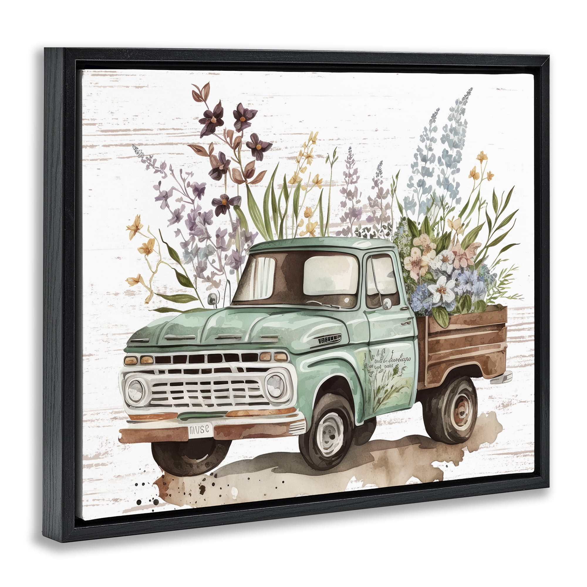 Stupell Industries Floral Herb Truck Transportation Painting Black Floater Framed Canvas Art Print Wall Art, 21 x 17